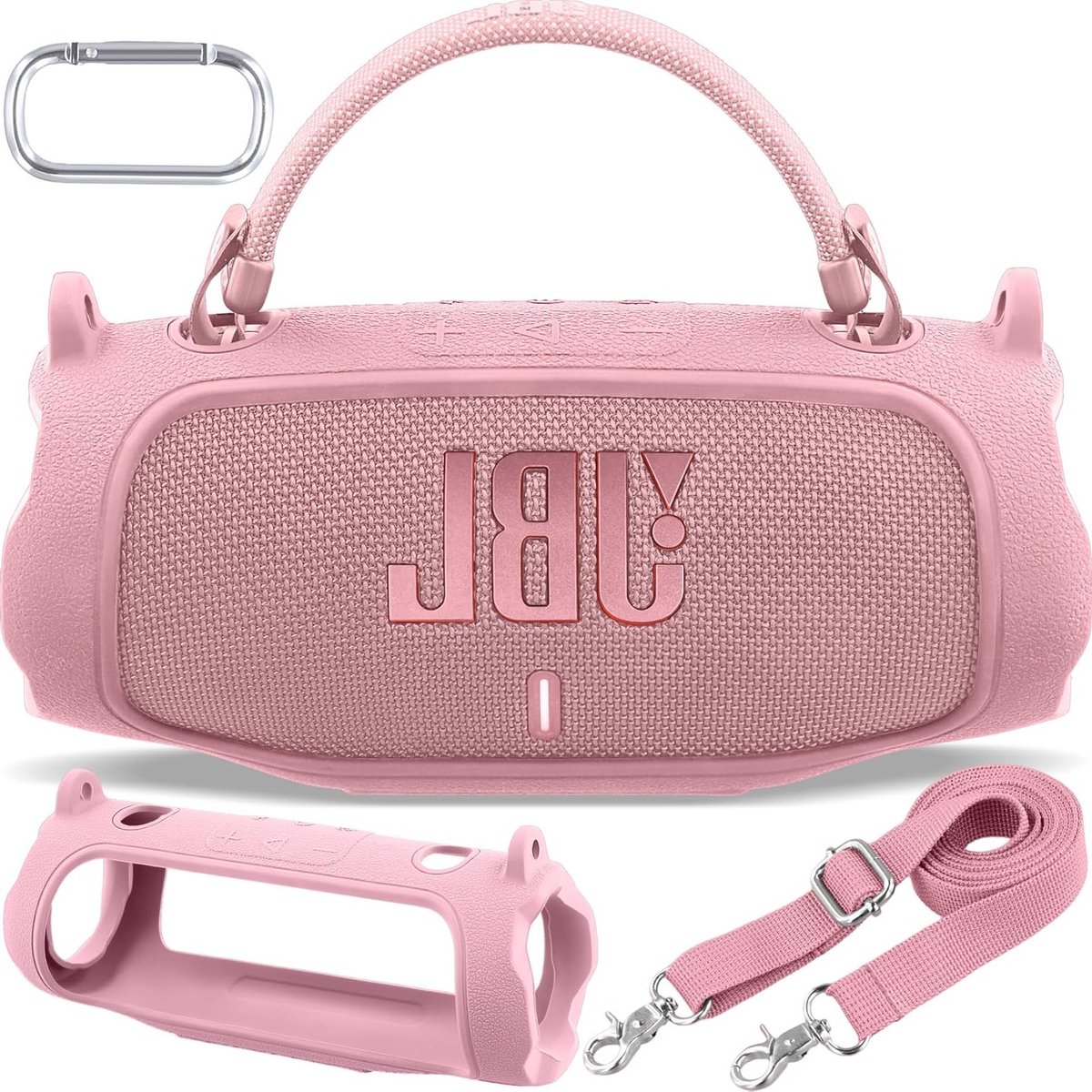 Siliconen Beschermhoes voor Bluetooth Speaker, Draagtas met Schouderband en Karabijnhaak, Geschikt voor JBL Charge 6 (Roze)