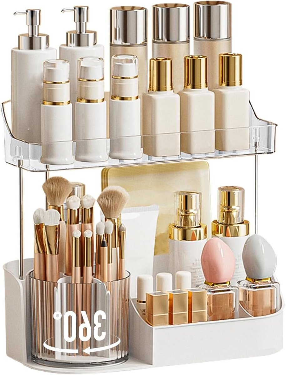 360° Draaibare Make-up Organizer voor Make-upkwasten, Cosmetica en Geuren - Perfect voor Slaapkamer, Badkamer en Kaptafel (Wit, 2 Niveaus)