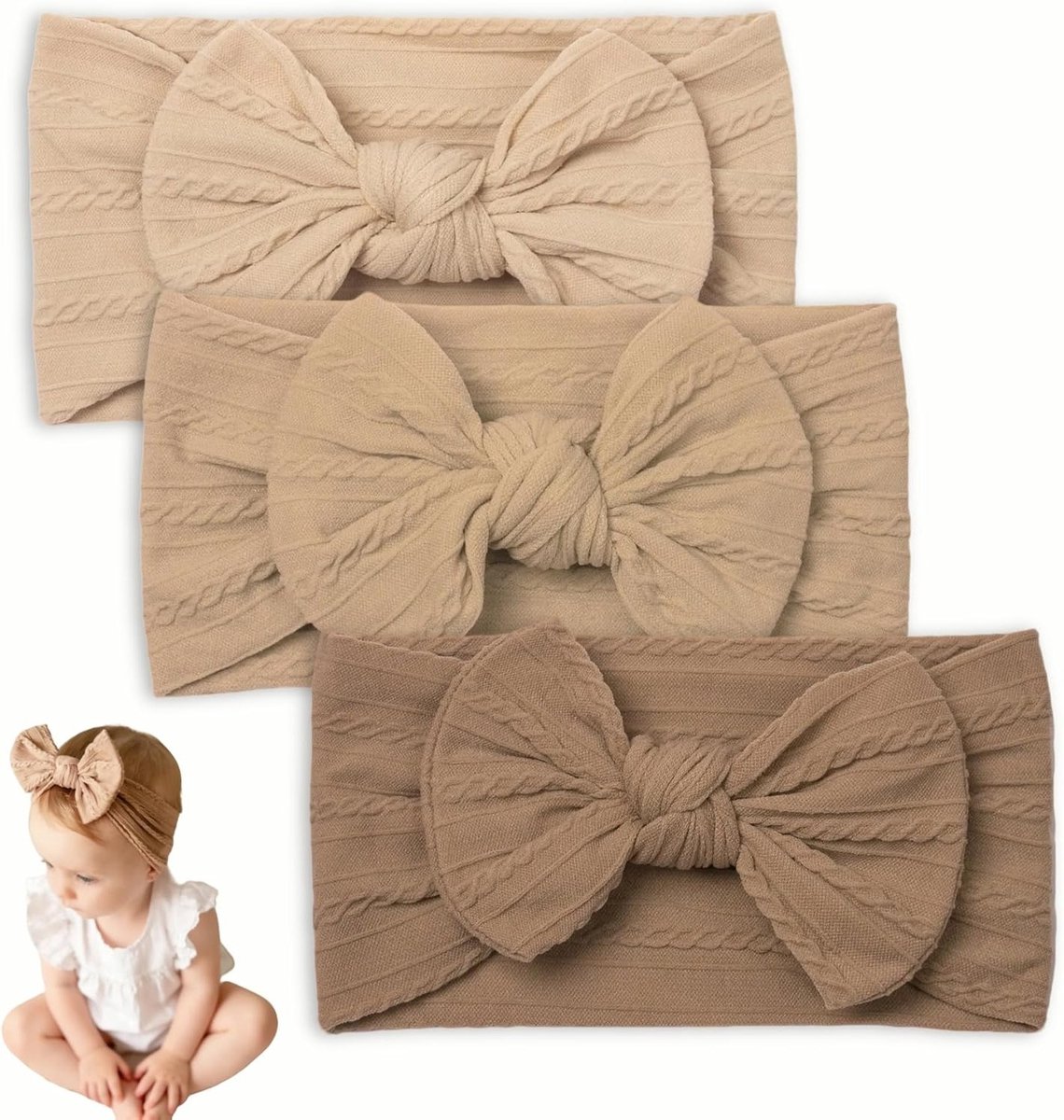 Set van 3 Elastische Haarbanden voor Baby Meisjes - Zachte en Schattige Hoofdbanden voor Pasgeborenen en Peuters (Beige, Lichtbruin, Donkerbruin)