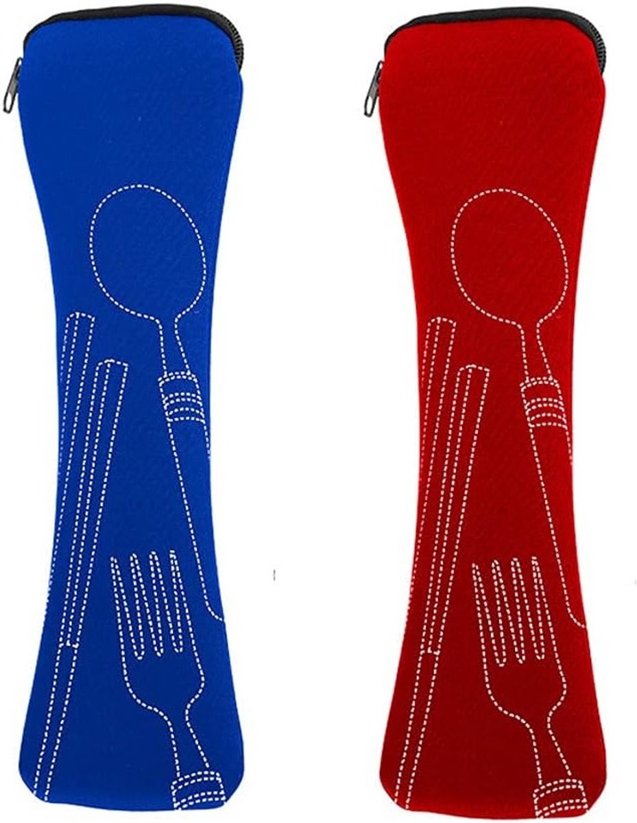 Draagbare Bestekset met Rits, 2-delige Neopreen Opbergzak voor Kamperen, Picknick en Schoollunch (24 x 6.5 cm)