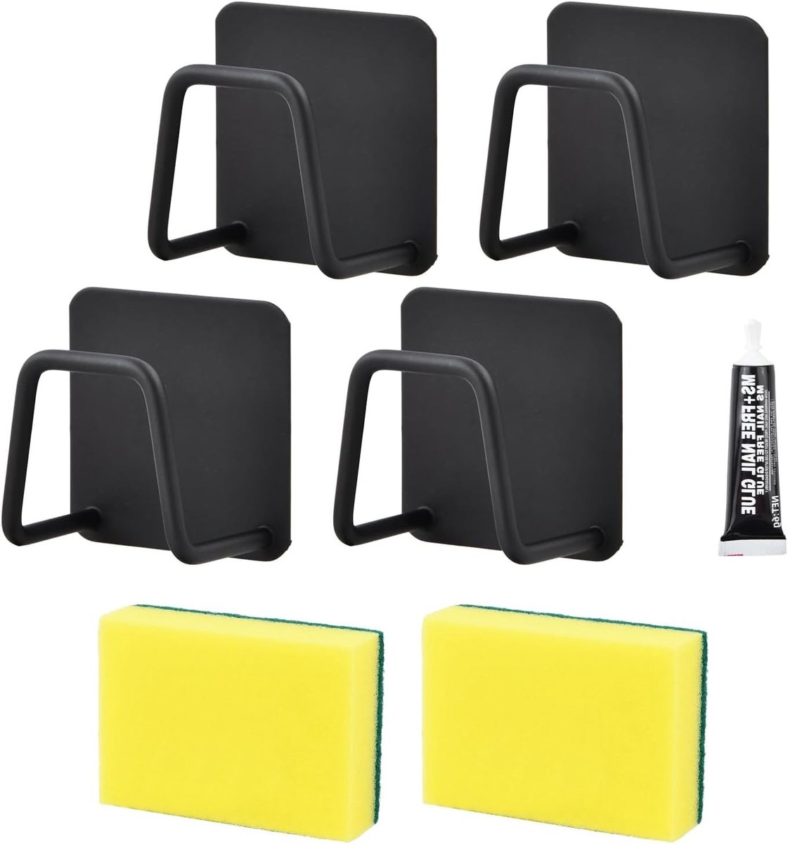 Set van 4 Keuken Sponshouders met 2 Schoonmaakborstels, Geen Boren Nodig, RVS Organiser voor de Gootsteen, Sterke Belastbaarheid, Waterdicht en Roestvrij, Ideaal voor Keukenaccessoires en Opberging