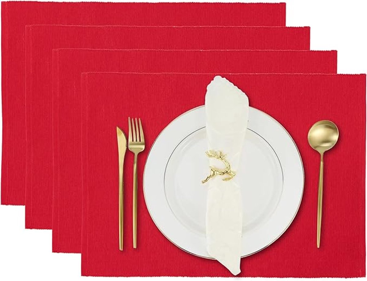 Placemat Set van 4 - Omkeerbare Katoenen Tafelmatten - Decoratieve Onderleggers voor Eettafel en Keuken - Chinees Rood - 33 x 48 cm