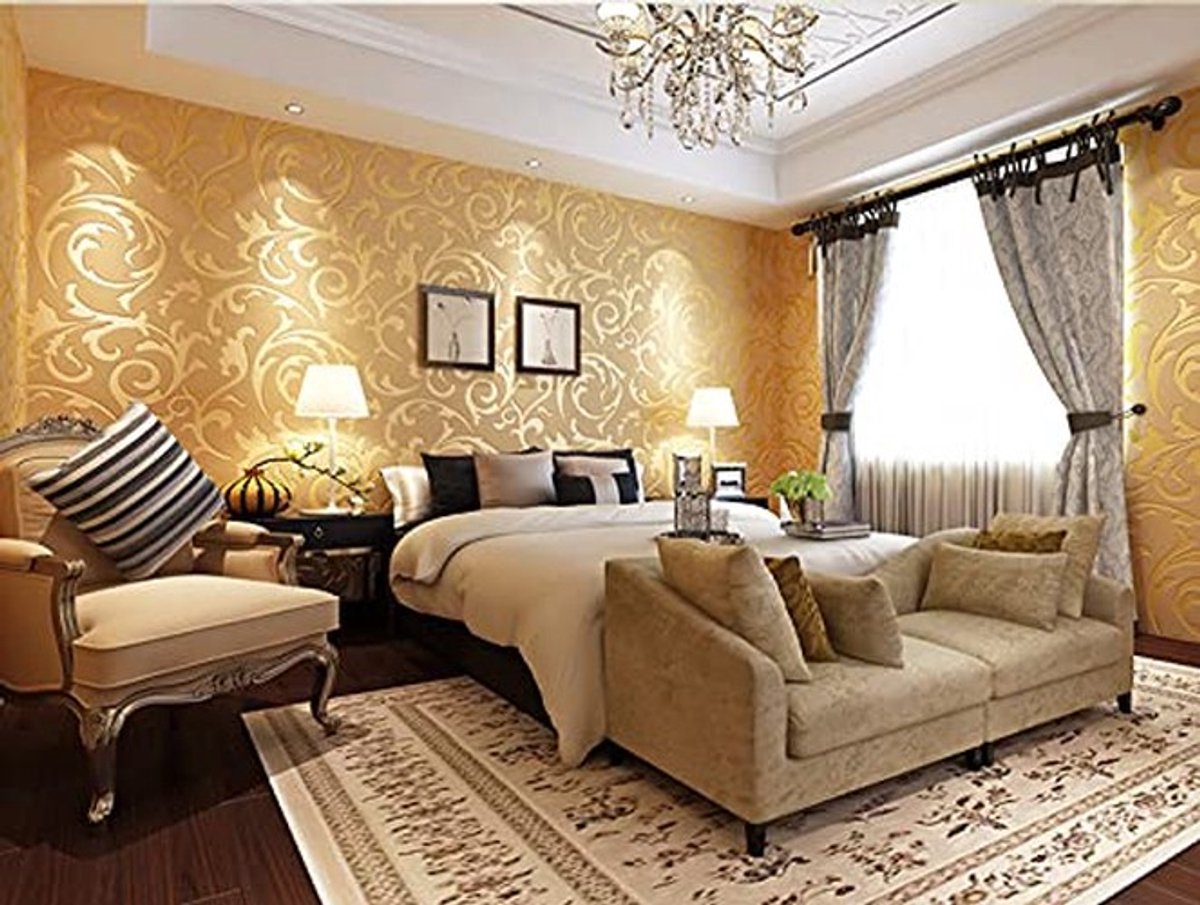 Dailygoody - 3D Luxe Victoriaans Reliëf Behang - Zelfklevend Goud voor Woonkamer en Slaapkamer