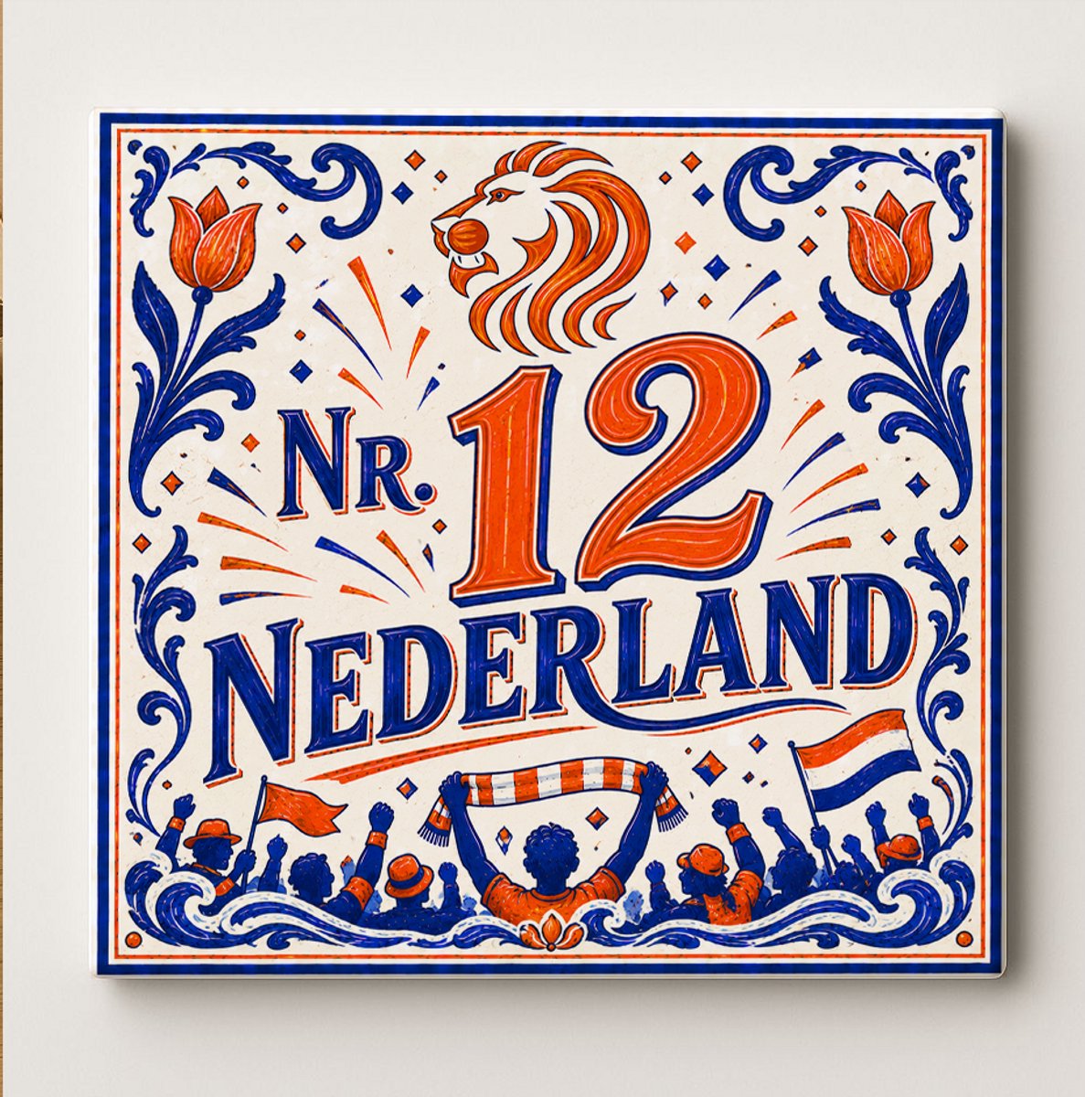 Bedruk King Nederland Nr. 12 Fan Decoratieve Keramische Tegel – Nederlandse Voetbal Supporter Wandtegel – Oranje Blauw Holland Cadeau Wit