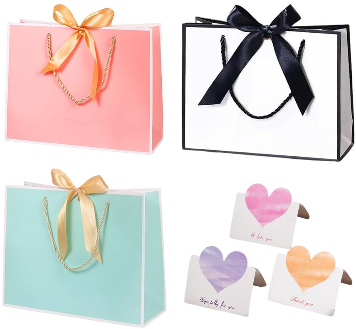 Dailygoods - Dailygoody - Geschenkzakjes - Cadeauzakjes Papier - Set van 3 - Blauw Roze Wit - Perfect voor Verjaardag en Huwelijk - Inclusief Kaarten - Geschikt vo