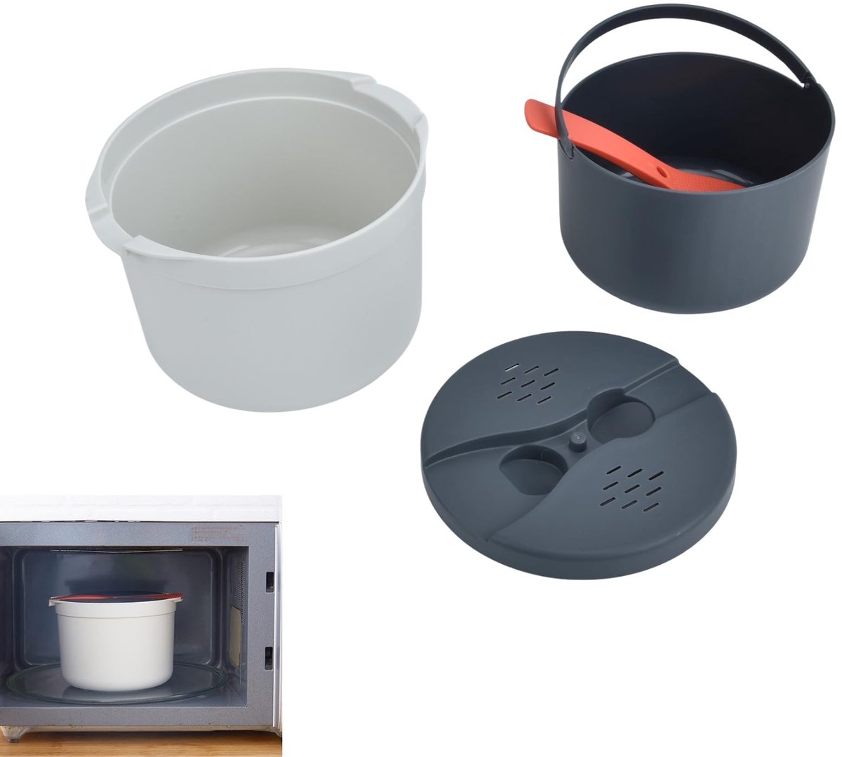 Dailygoods - Dailygoody - Magnetron Rijstkoker Set - Voedselveilig - Rijstlepel Afgietdeksel - Stoompan voor Magnetrons - Oranje - Keukengerei - Geschikt voor alle..