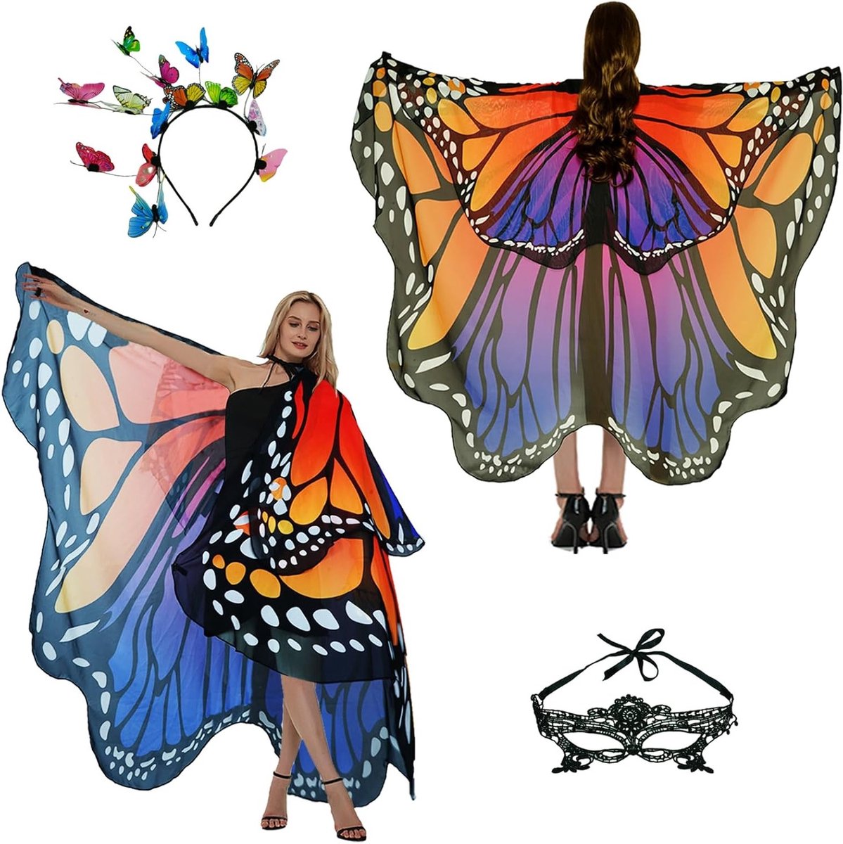 Vrouwelijk Vlinder Kostuum met Twee-fase Vleugels, Cape, Hoofdband en Gezichtsmasker voor Carnaval en Feestjes