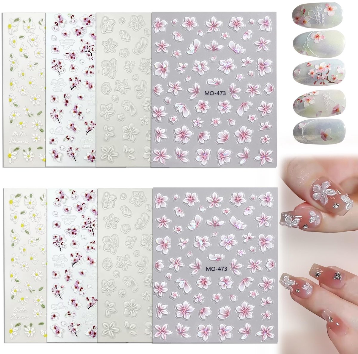 Dailygoody - 3D Flower Nail Stickers - Nail Art - Multicolour - Nagelversiering - Voor vrouwen en meisjes - 8 vellen met bloemen