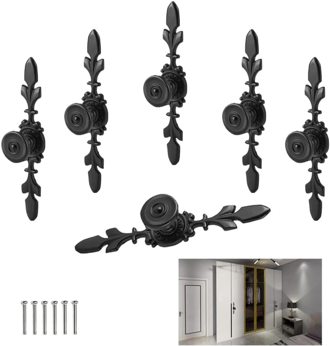 Antieke stijl deurknop met 6-delige set, vintage zwarte handgrepen voor kast en lade, decoratieve bloemenontwerpen voor thuisgebruik