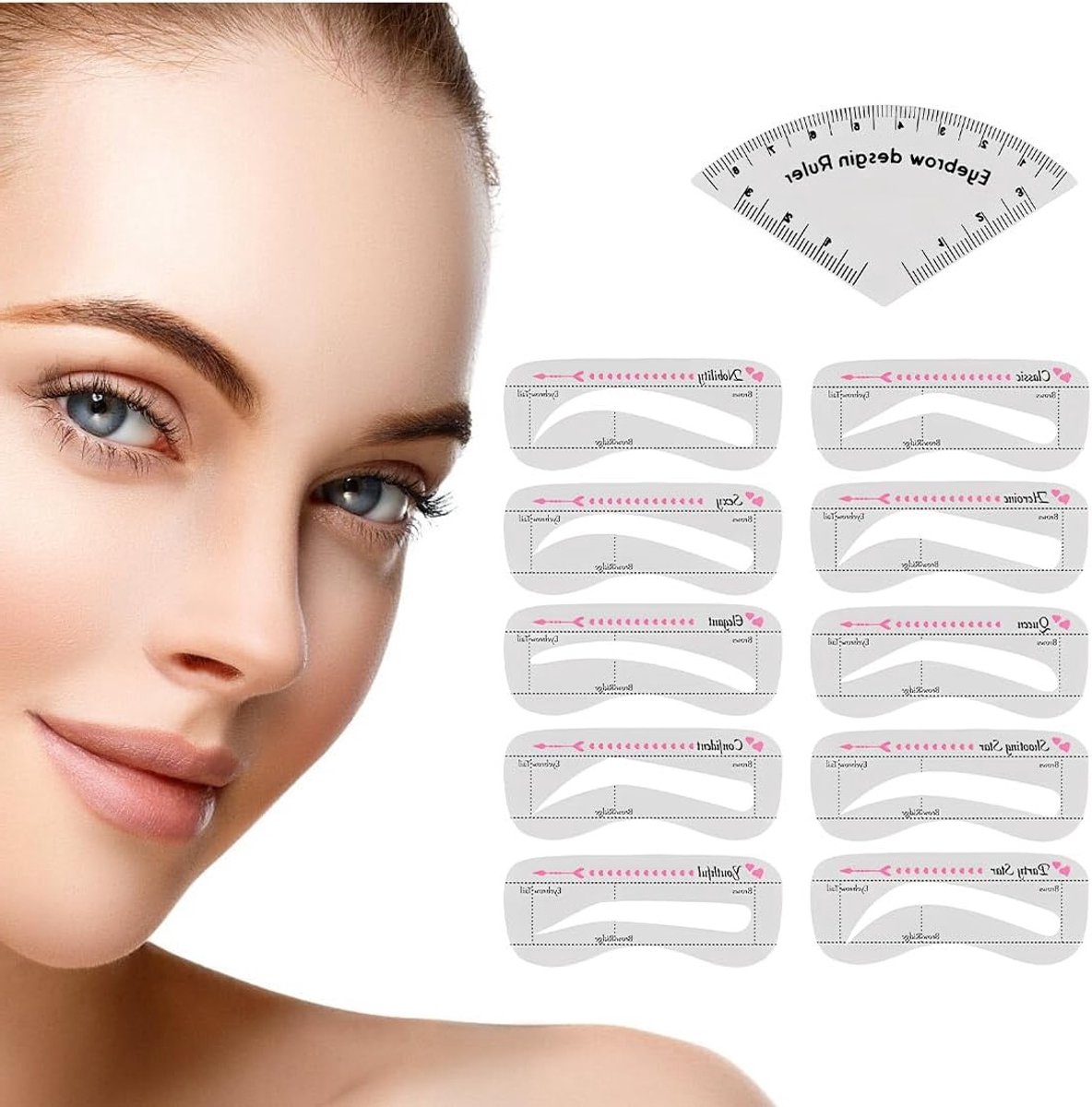 Waterdichte wenkbrauwstempels met wenkbrauwliniaal, herbruikbare make-up set voor perfecte wenkbrauwen, inclusief stencils en accessoires