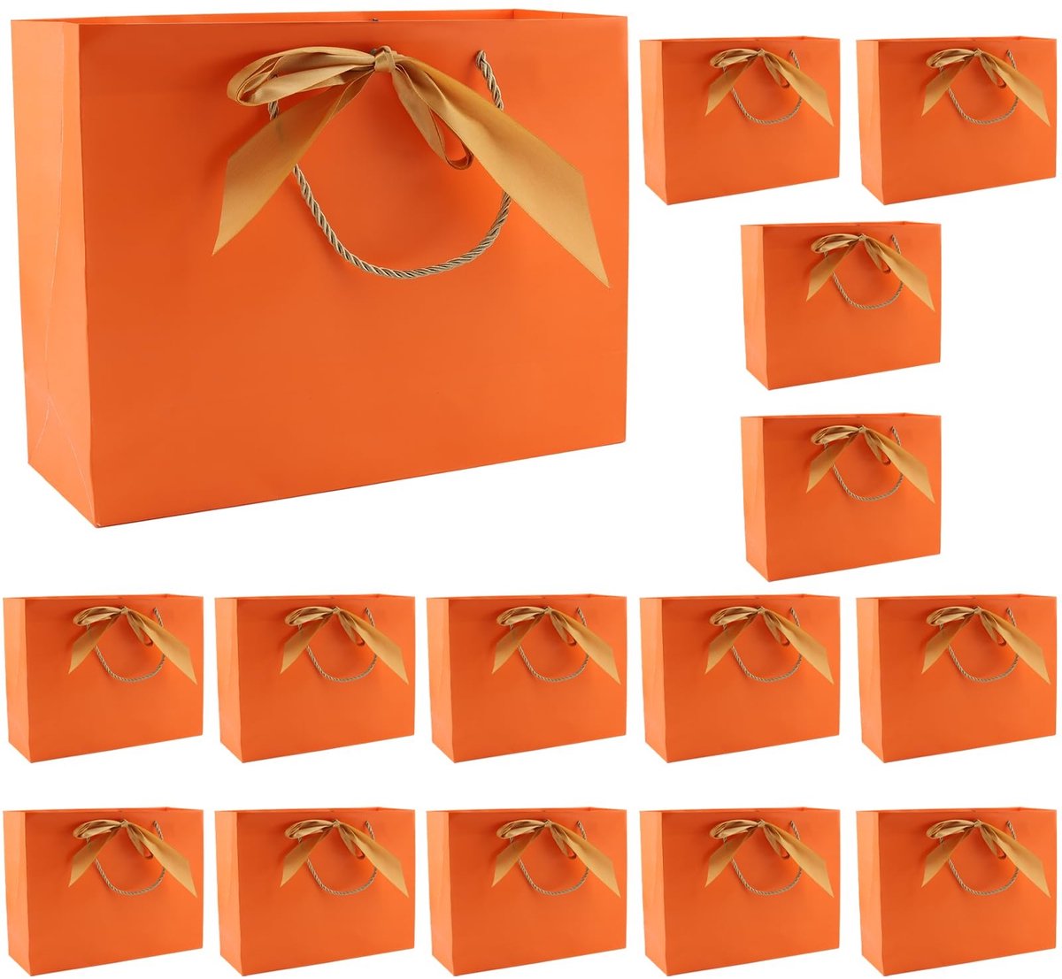 Dailygoods - Dailygoody - Papieren geschenkzakken - Feestzakjes met handgrepen - Oranje met gouden striklint - Verjaardag en Kerstmis - 15 stuks - 32 x 25 x 11 cm
