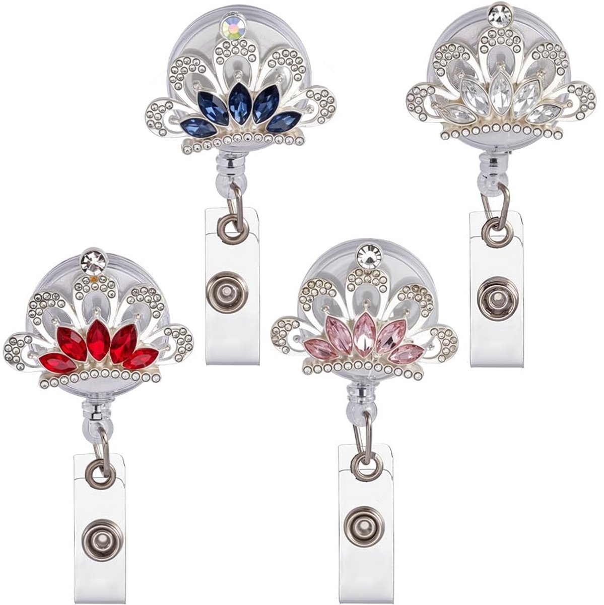 Dailygoods - Dailygoody - intrekbare badge-rollen - kroon badge rollen - met strass steentjes - 4 stuks - badge reel clip - geschikt voor verpleegkundigen en artse.