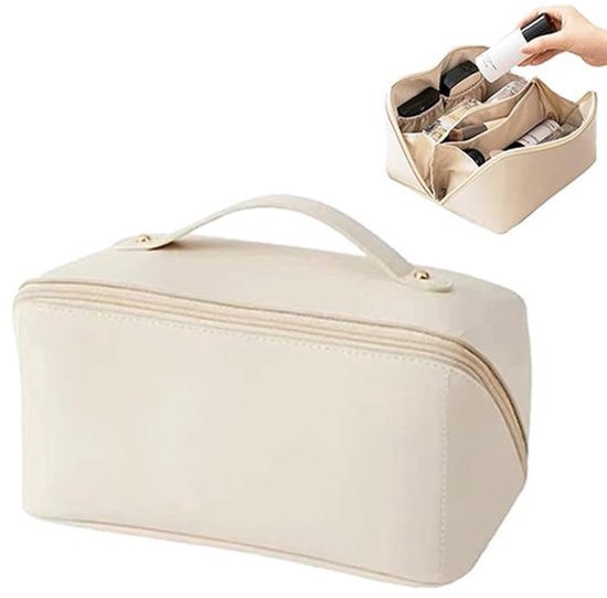 Trousse de toilette couleur crème avec poignée, avec une petite image de la trousse ouverte incrustée.
