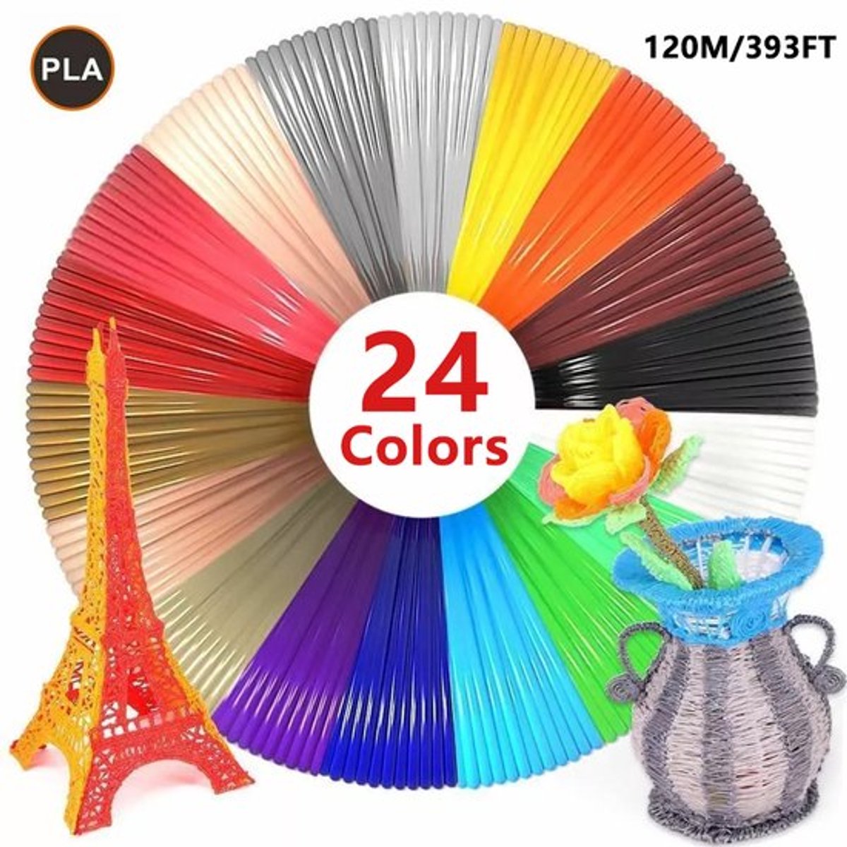 Navulverpakking met 24 kleuren en 120 meter PLA-filament voor 3D-printerpennen, 1,75 mm diameter, zeer nauwkeurig filament, voor knutselprojecten van kinderen (willekeurige kleuren).