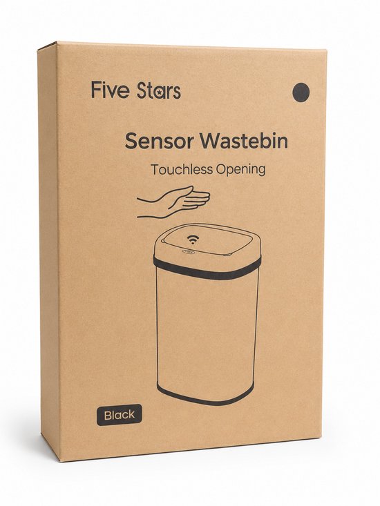 Verpakking van Five Stars sensor prullenbak met handsfree opening, zwart.