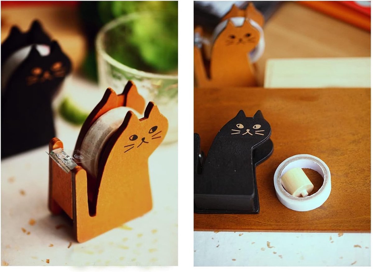 Schattige Vintage Houten Tape Dispenser met Kat Design en 1 Rol Tape voor Thuis en Kantoor, Perfecte Bureau Accessoire voor Studenten en Kinderen