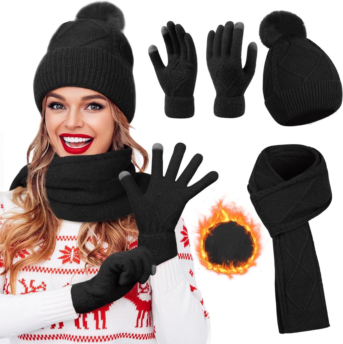 Dikke Fleece Gevoerde Wintermuts, Sjaal en Touchscreen Handschoenen Set voor Buitenactiviteiten, Warm en Comfortabel 3-in-1 Accessoire