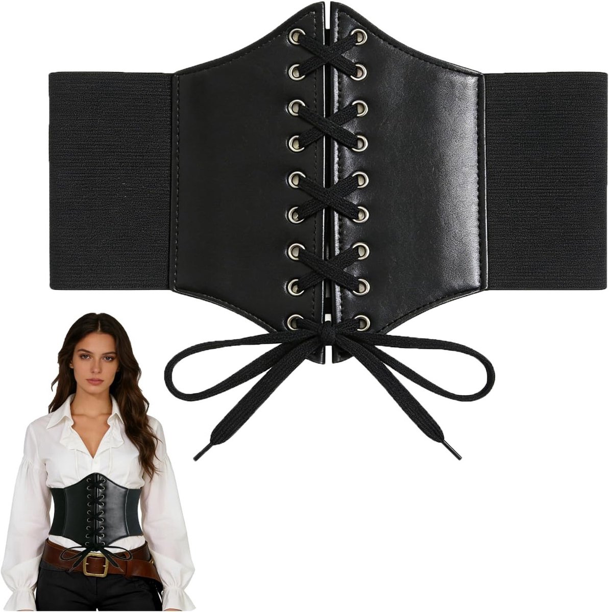 Piratencorset voor Vrouwen - Onderbust Corset in Zwart Leer met Middeleeuwse Riem en Gothic Retro Stijl voor Halloween Feestjes en Kostuumaccessoires