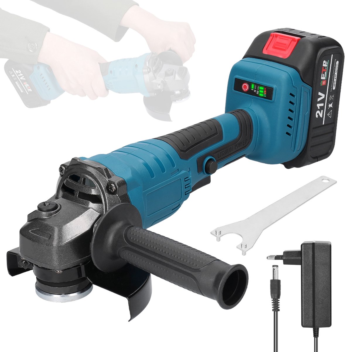 21V Accu Haakse Slijper – 125mm Brushless M14 Slijptol – Met 1 Accu en Snellader – Draadloos Slijpen en Snijden – Voor Metaal en DIY Werk
