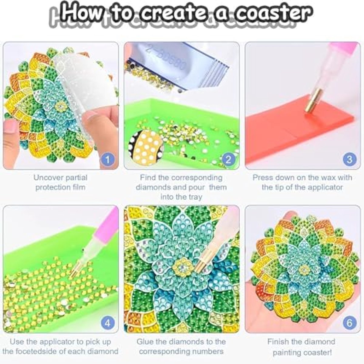 Onderzetters voor diamantschilderij met houder, 8 stuks, 5D diamond painting, bloem, doe-het-zelfset voor kinderen en volwassenen, knutselen, beginners, diamanten, koponderzetters, antislip, voor