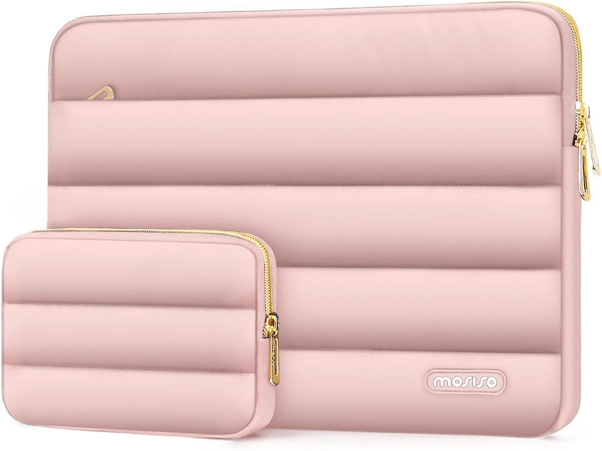 MOSISO Laptophoes tas 15-15,6 inch, 16 inch, Puffy laptoptas, compatibel met MacBook Air 15/Pro 16, Lenovo HP Dell ASUS Acer notebook, polyester horizontale tas met klein etui, roze