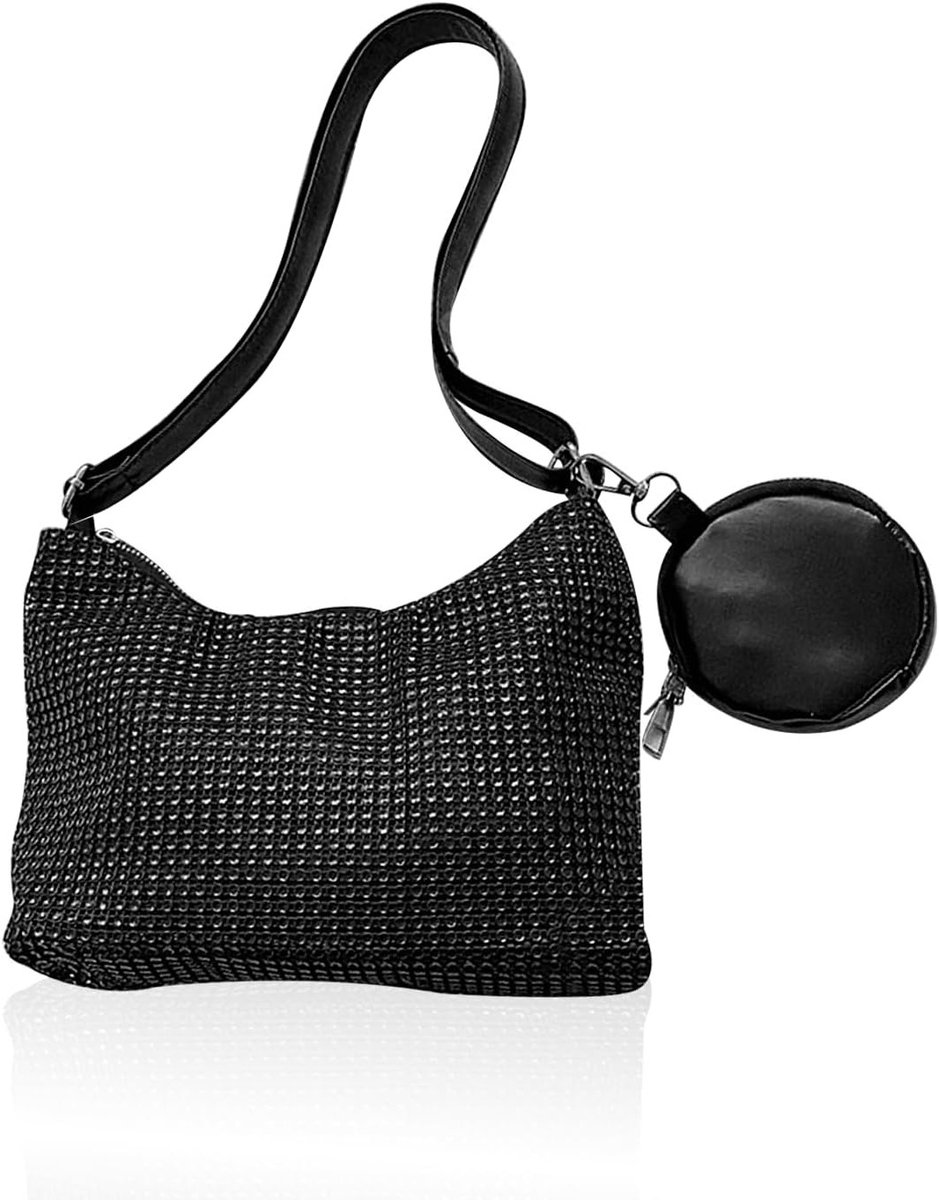 Elegante zwarte clutch met pailletten voor avonden, verstelbare schouderband en glinsterend design
