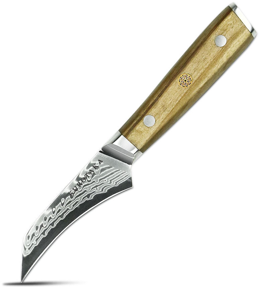 Kurotaka Tourniermes - Damaststaal - 7,5 cm - Professioneel Vogelbekmes - Olijfhout Design