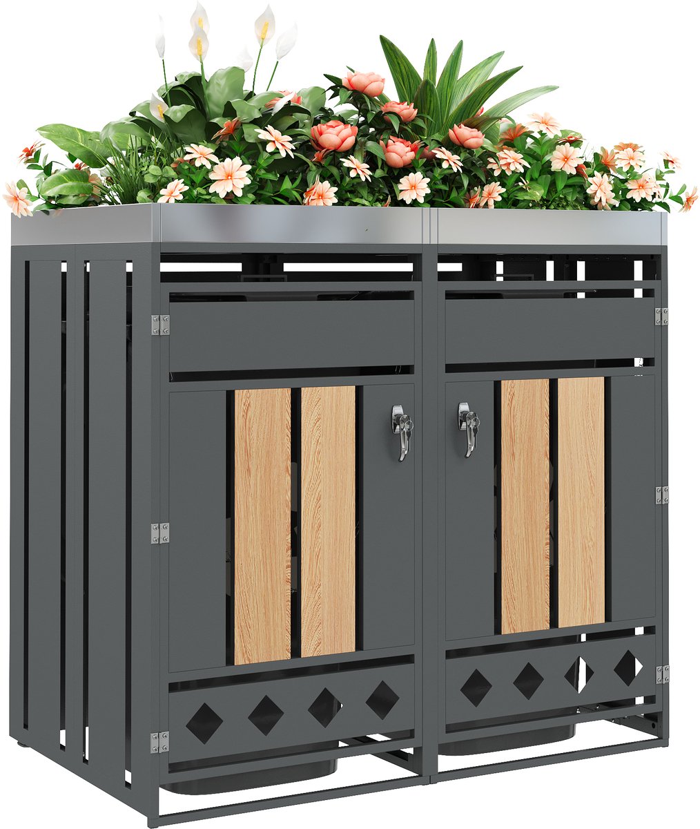 YYchan Kliko Ombouw 2 Containers met Plantenbak - Vuilnisbak Ombouw Staal - Grijs Houtlook - Afsluitbaar - Onderhoudsvrij - 132 cm