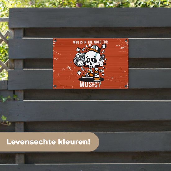 Tuinposter 60x40 cm - Tuindecoratie Vintage - Schedel - Muziek - Poster voor in de tuin - Buiten decoratie - Schutting tuinschilderij - Tuindoek muurdecoratie - Wanddecoratie balkondoek