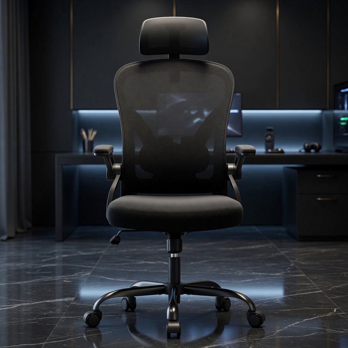Ergonomische Bureaustoel met Hoofdsteun en Lendensteun – Verstelbare Comfort Werkstoel met Opklapbare Armleuningen, Ademende Mesh Rug, 150 kg Draagvermogen – Zwart | Mobili Bella