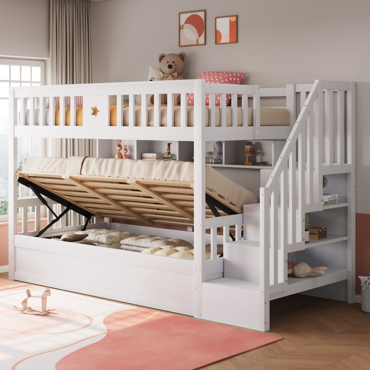 MODFU Hoogslaper met Hydraulisch Onderbed – 90x200 cm – Opbergtrap & Planken – Modern – Hout – Wit