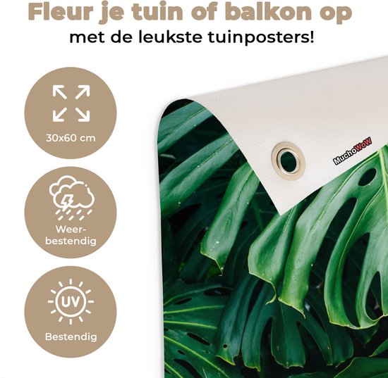 Tuinposter 30x60 cm - Tuindecoratie Donkergroene botanische bladeren in een tuin - Poster voor in de tuin - Buiten decoratie - Schutting tuinschilderij - Tuindoek muurdecoratie - Wanddecoratie balkondoek