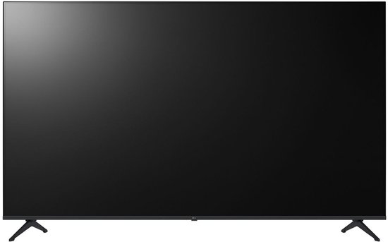 Zwarte LG 4K flatscreen televisie met slanke randen en twee V-vormige standaardpoten in vooraanzicht.