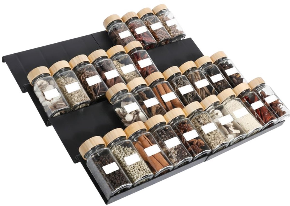 DnA® Kruidenpotjes - Kruidenrek Lade - Kruidenrek Lade Met Potjes - Kruidenrek Lade Organizer - Kruidenrek Voor Lade - Zwart - 23cm x 12cm x 3cm