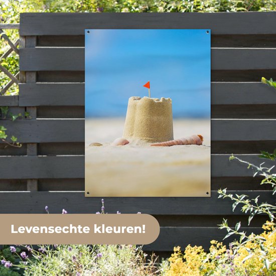 Affiche de jardin - Plage - Zandkasteel - Coquillages - Drapeau - Été - 90x120 cm - Décoration murale extérieur - Toile jardin - Décoration de jardin - Jardin