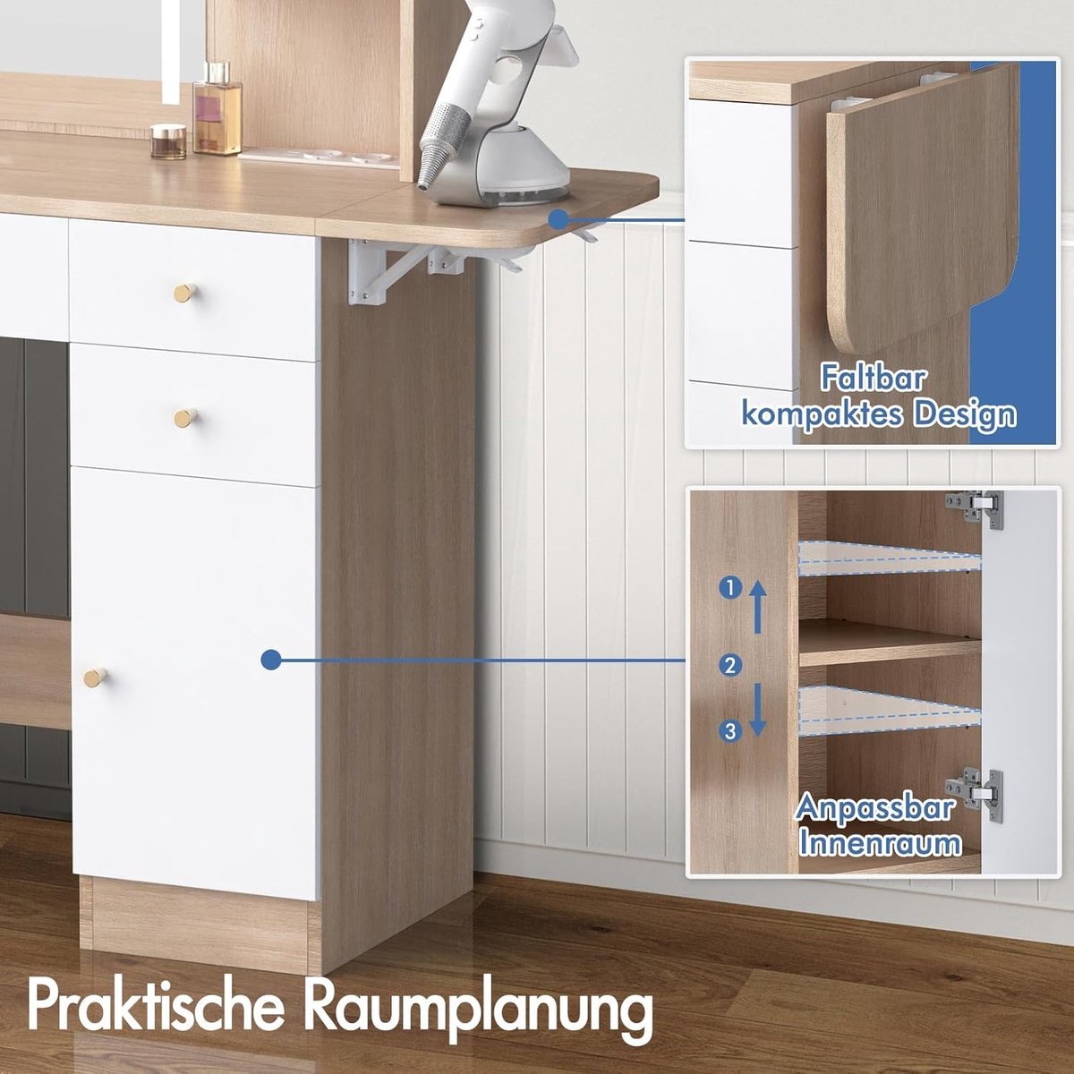 Make-uptafel met LED Spiegel en Laadstation – Kaptafel met 5 Laden, 2 Kasten, 6 Planken en Opbergkruk – Moderne Houten Design – 110x40x138 cm – Houtkleur – abtkantoor
