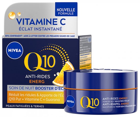 Nivea Q10 Energy nachtcrème pot en doosje met sinaasappelpartjes.