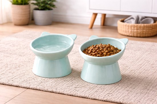 Twee lichtblauwe, verhoogde kattenbakken met oor-details op een kleedje in een woonkamer.