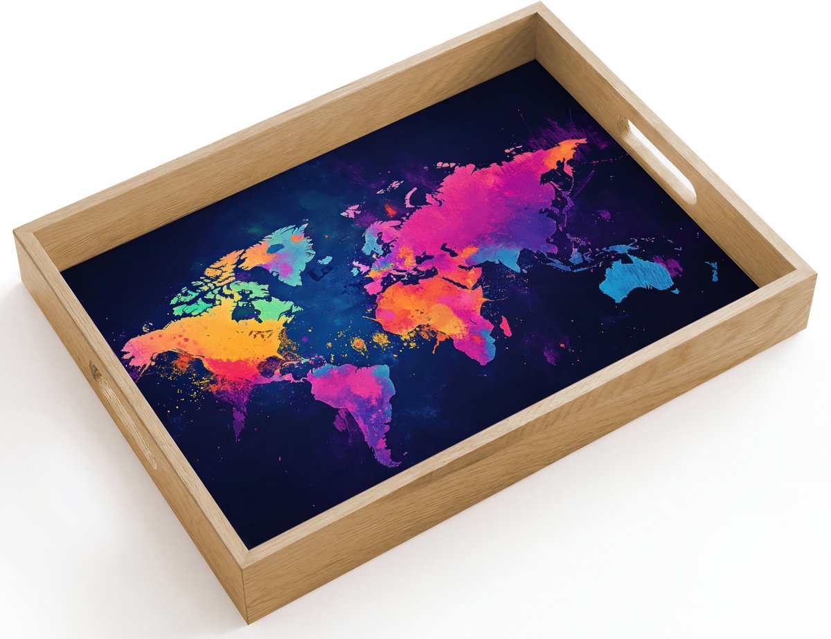 Dienblad hout 40x30 cm - Schootdienblad - Wereldkaart - Kleurrijk - Graffiti - Borrelplank rechthoek - Plateau dienbladen