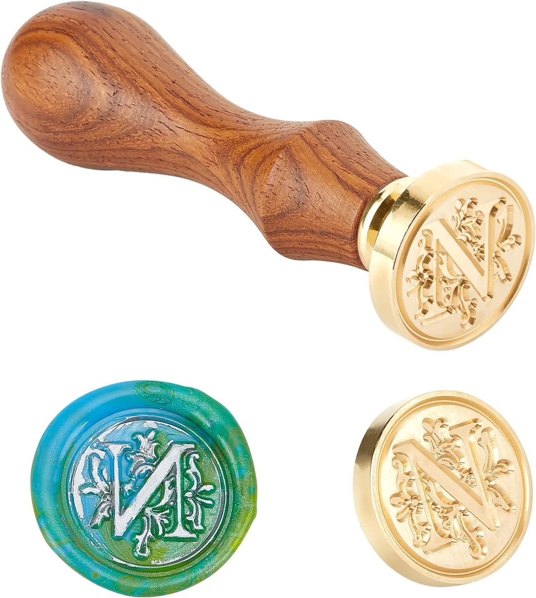 DIY Houten Wax Seal Stempel met Houten Handvat en Brass Stempels, Letter N, 25x14mm, Perfect voor Scrapbooking en Kaarten Maken
