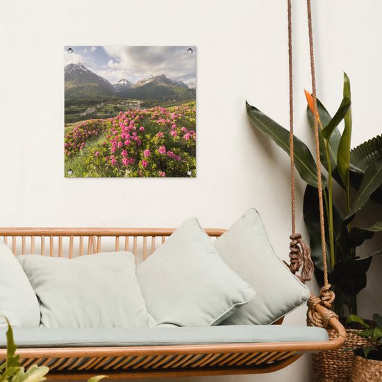 Posters de jardin Prairie fleurie - Montagnes - Rose - 50x50 cm - Toile jardin - Affiche extérieure