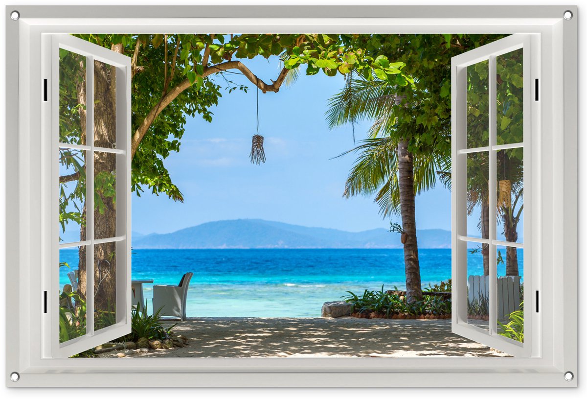Tuinposter Doorkijk raam strand