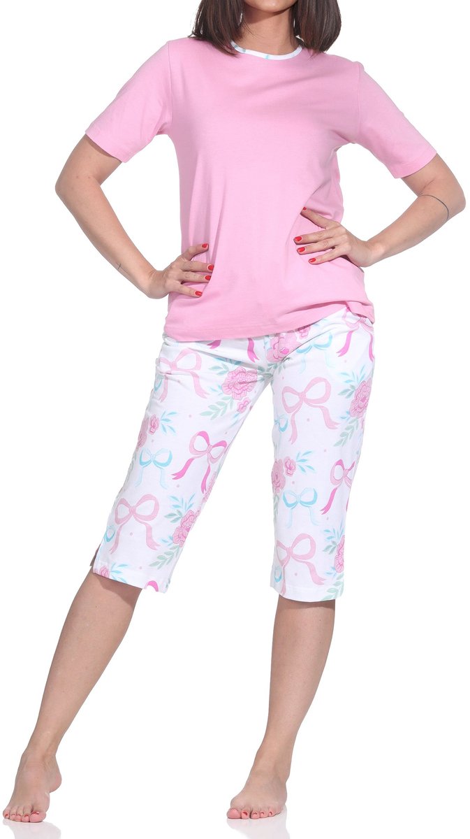 Normann dames capri shortama met korte mouwen – romantisch strik- & rozen-design pink