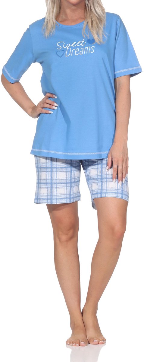 Normann damespyjama shorty met geruite jersey pyjamabroek - ook in grote maten blau