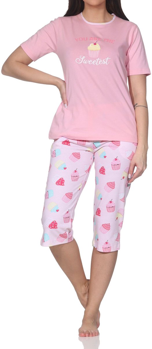 Normann dames capri Pyjama met korte mouwen – schattig cupcake-motief – ook in grote maten rosa