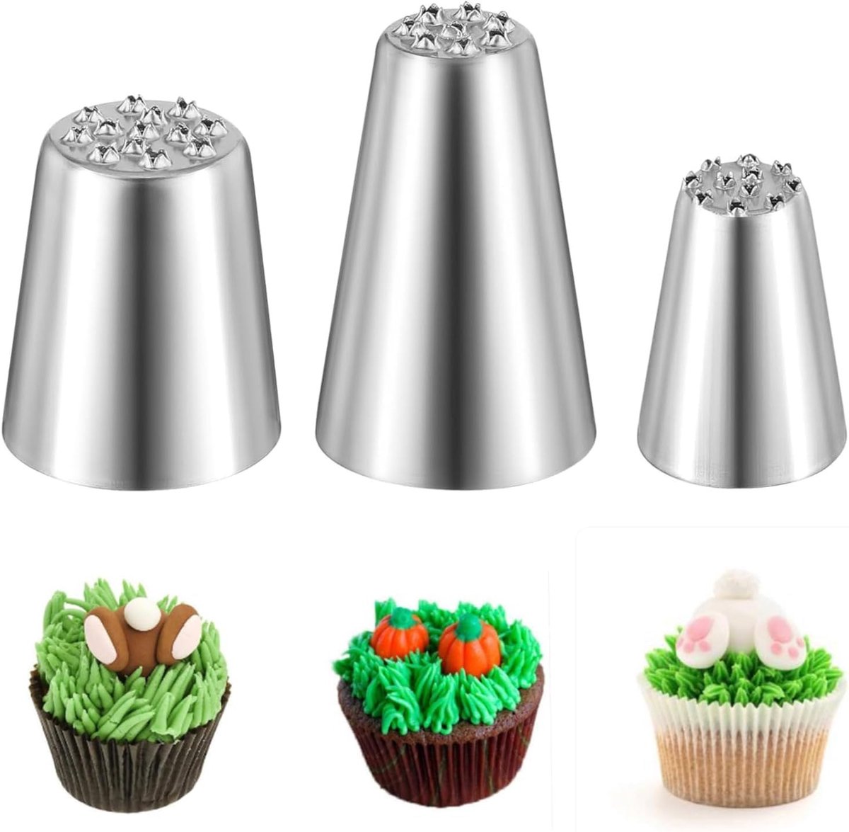 Set van 3 Gras Spuitmondjes voor Taartdecoratie, Professionele Spuitzakken, 304 RVS, Ideaal voor Fondant en Gebak Decoratie, Bakgereedschap en Accessoires