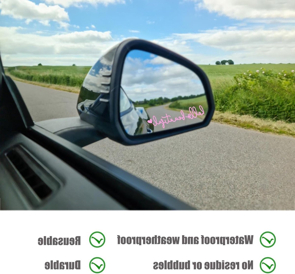 Set van 3 Positieve Auto Spiegel Stickers, Achteruitkijkspiegel Decoraties, Raamstickers en Auto Accessoires voor Vrouwen (Roze)