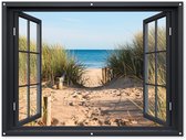 Tuinposter 160x120 cm - Tuindecoratie Doorkijk - Strand - Zee - Zand - Water - Helmgras - Duinen - Poster voor in de tuin - Buiten decoratie - Schutting tuinschilderij - Tuindoek muurdecoratie - Wanddecoratie balkondoek