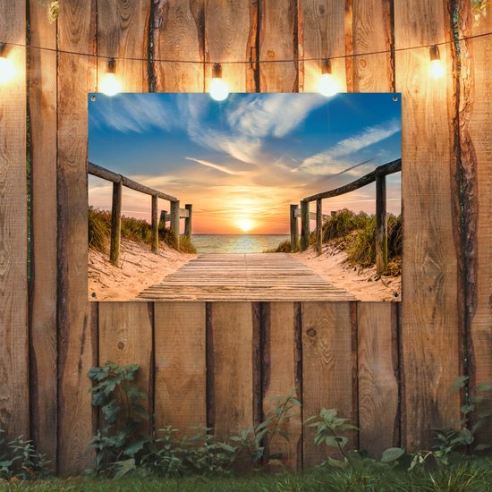Tuinposter strand - Tuindecoratie zonsondergang - 120x80 cm - Wanddecoratie voor buiten - Schutting decoratie - Buitenposter - Schuttingdoek - Tuindoeken - Tuin doek - Balkon poster