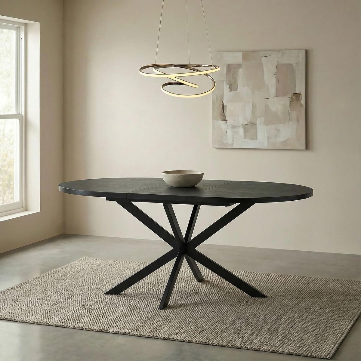 Uitschuifbare Ronde Eettafel 120-160 cm x 75 cm – Zwarte Moderne Eetkamertafel met Spinnenpoot Metalen Frame – Houtlook Tafelblad – 4-6 Personen – Krasbestendig & Ruimtebesparend – Laura